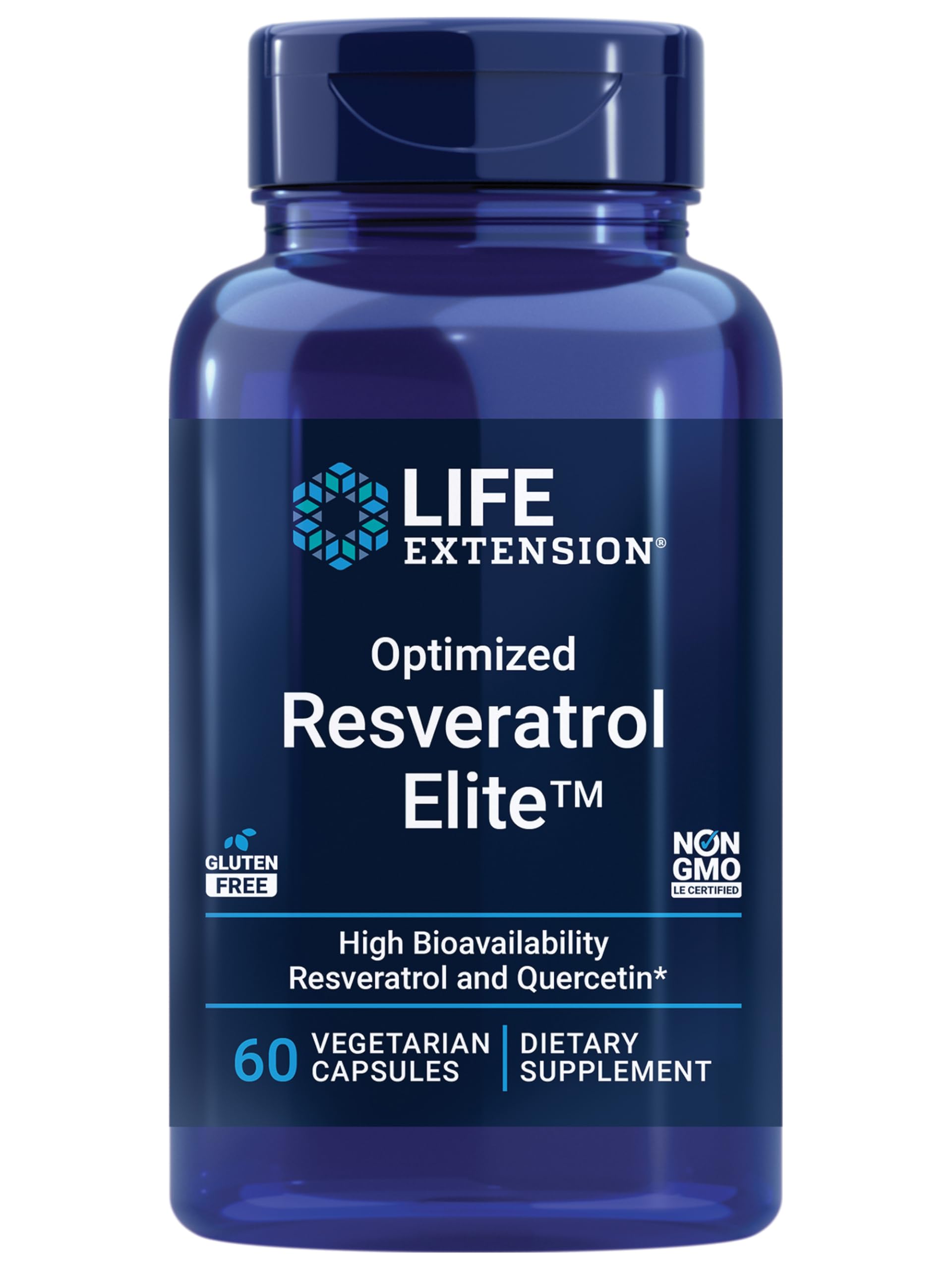 Life Extension Optimized Resveratrol Elite bottle front highlights a premium formula for potential healthy aging.