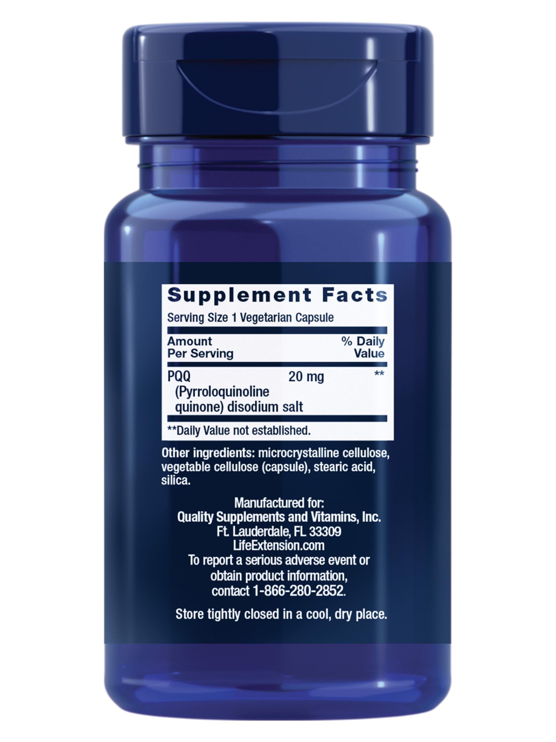 Life Extension PQQ bottle back label shows ingredients and dosing guidance.
