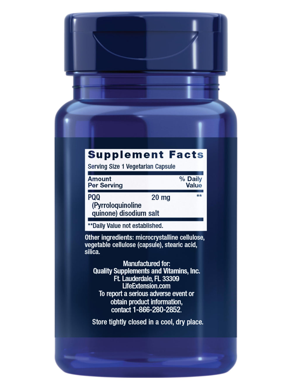 Life Extension PQQ bottle back label shows ingredients and dosing guidance.