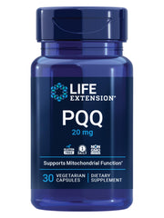 Life Extension PQQ bottle front with packaging suggesting mitochondrial support.