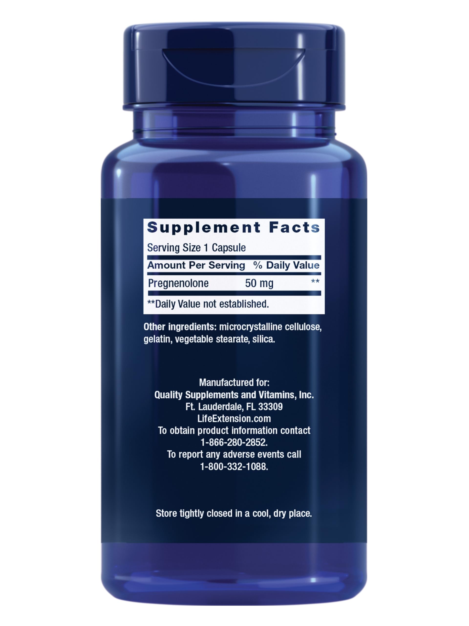 Life Extension Pregnenolone capsules closeup highlights 50 mg hormone balance.