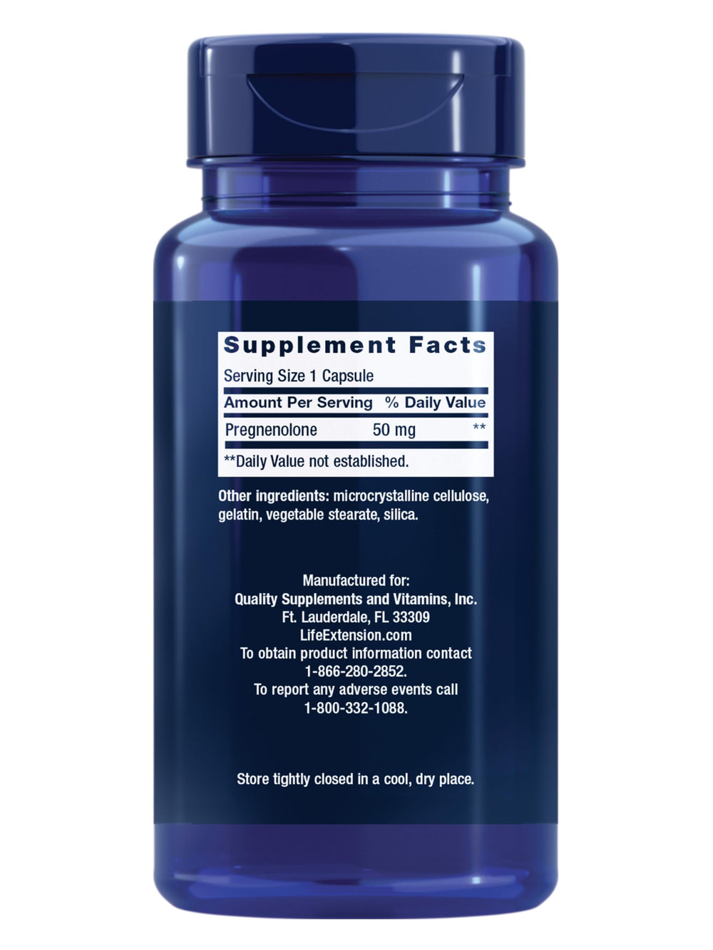 Life Extension Pregnenolone capsules closeup highlights 50 mg hormone balance.