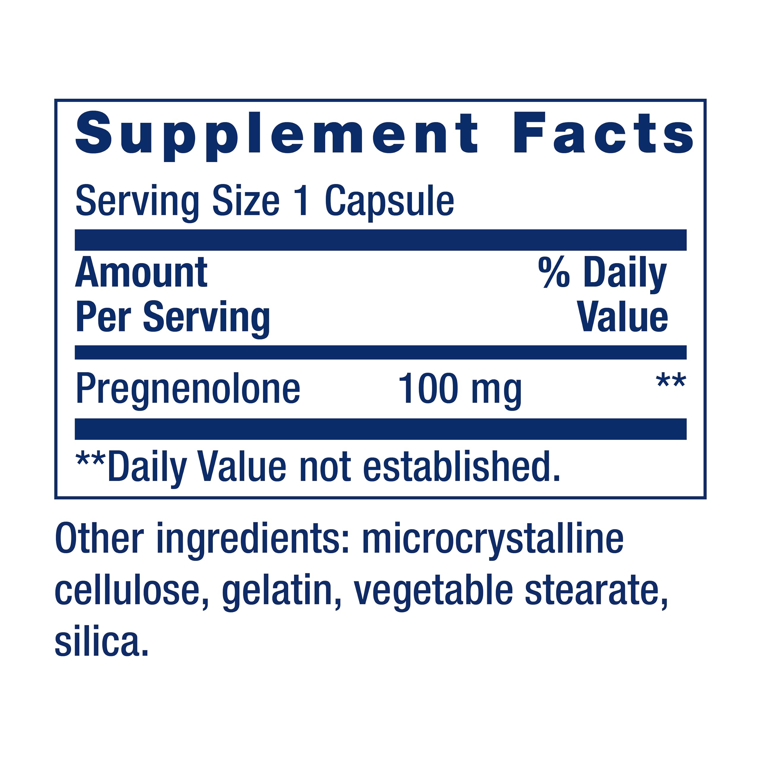 Life Extension Pregnenolone label shows gluten-free and non-GMO ingredients