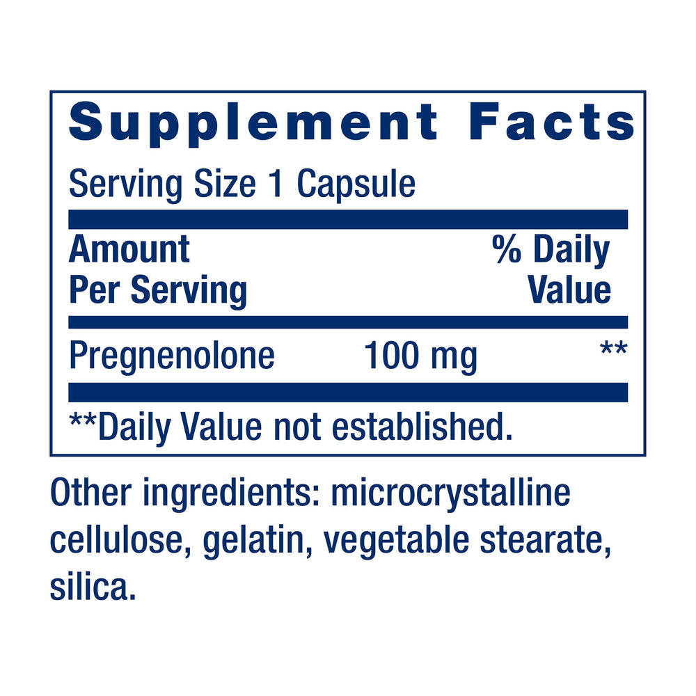 Life Extension Pregnenolone label shows gluten-free and non-GMO ingredients