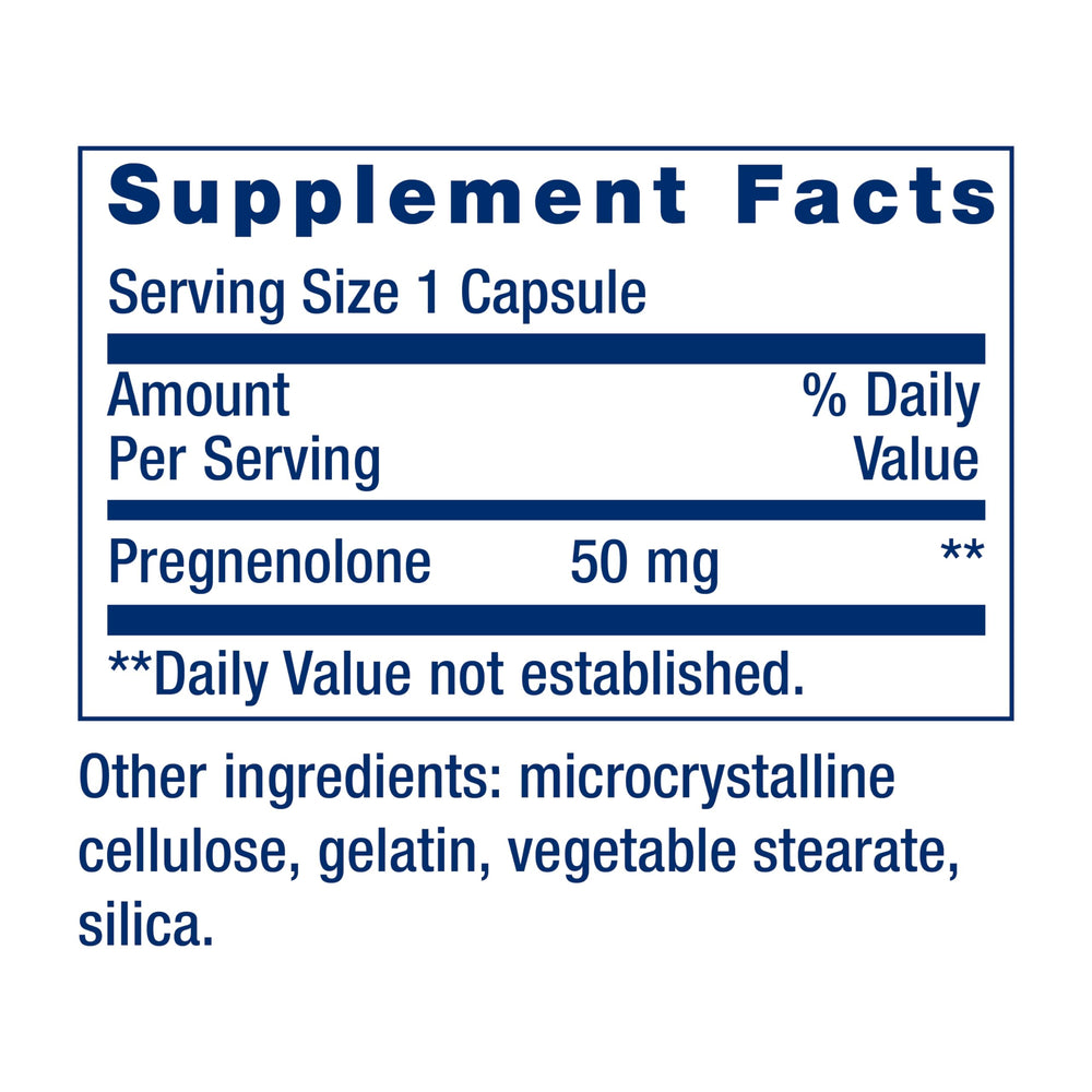 Life Extension Pregnenolone label view confirms gluten-free and non-GMO credentials.