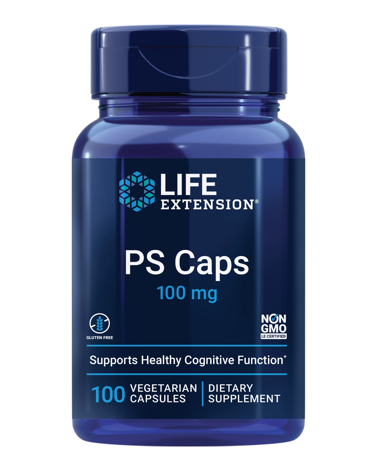 Life Extension PS Caps bottle showing 100 mg phosphatidylserine per capsule for cognitive support.