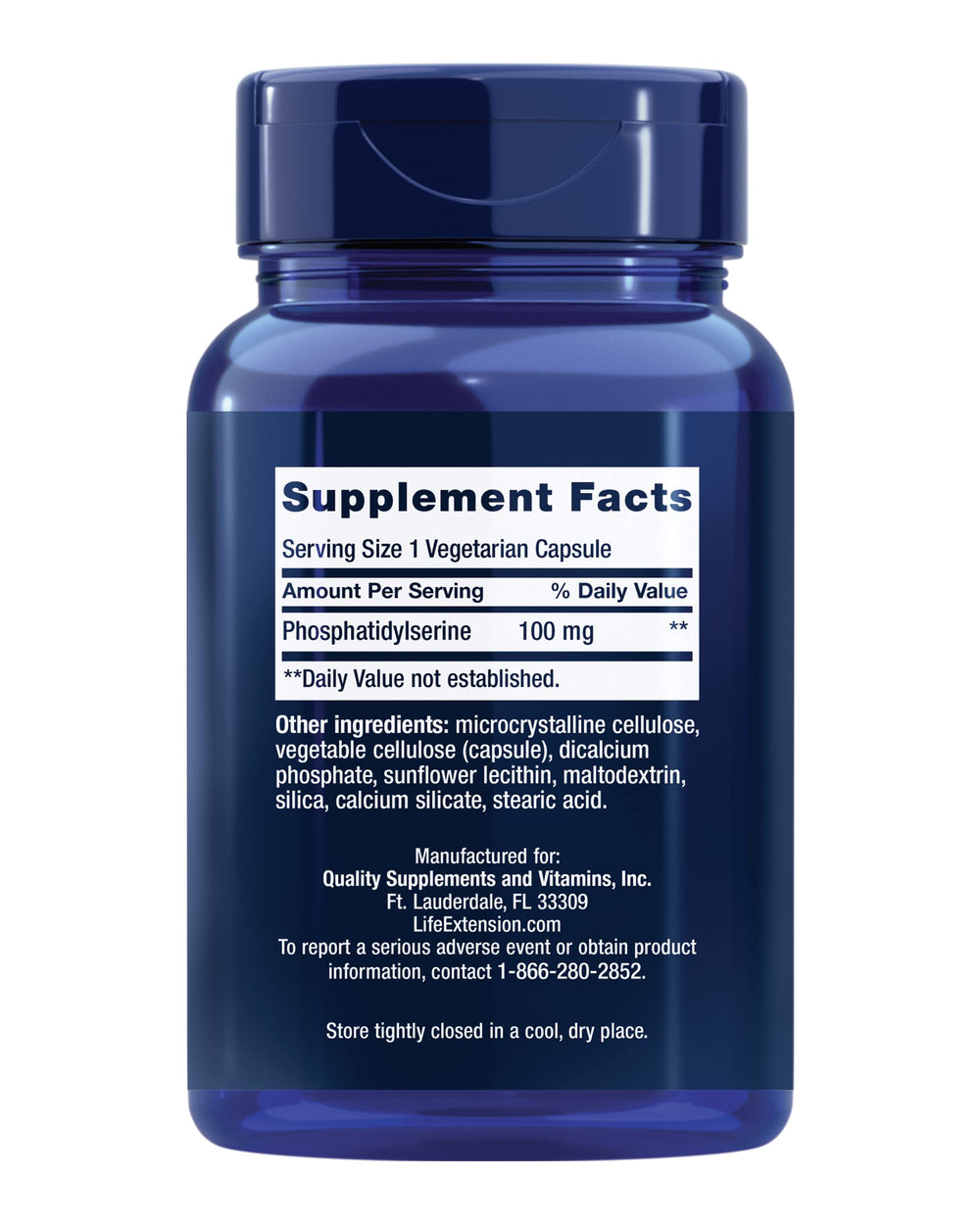 Life Extension PS Caps ingredients panel highlights non-GMO and gluten-free formulation.
