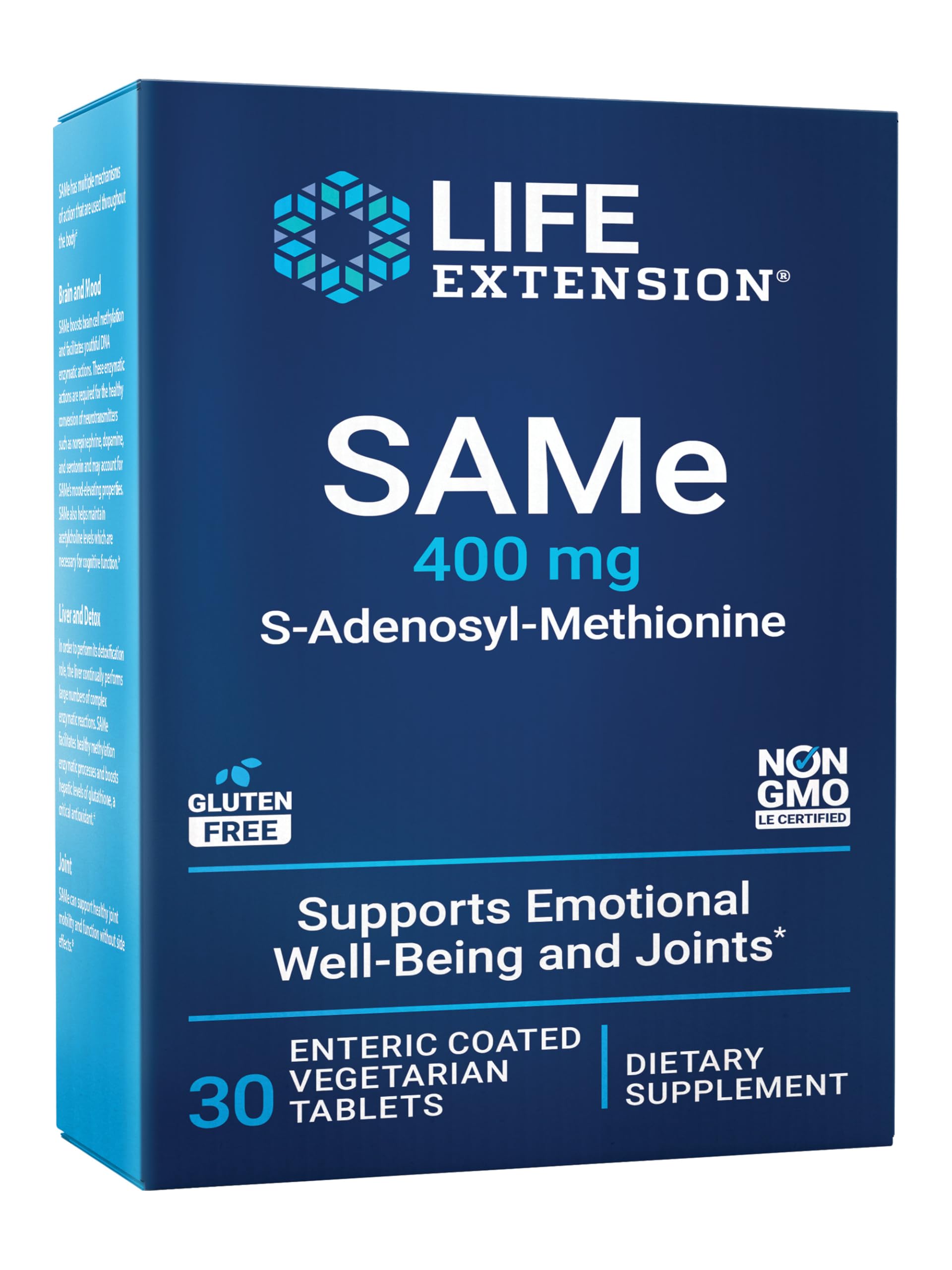 Life Extension SAMe mood tablets bottle shows balanced mood support and daily wellness.