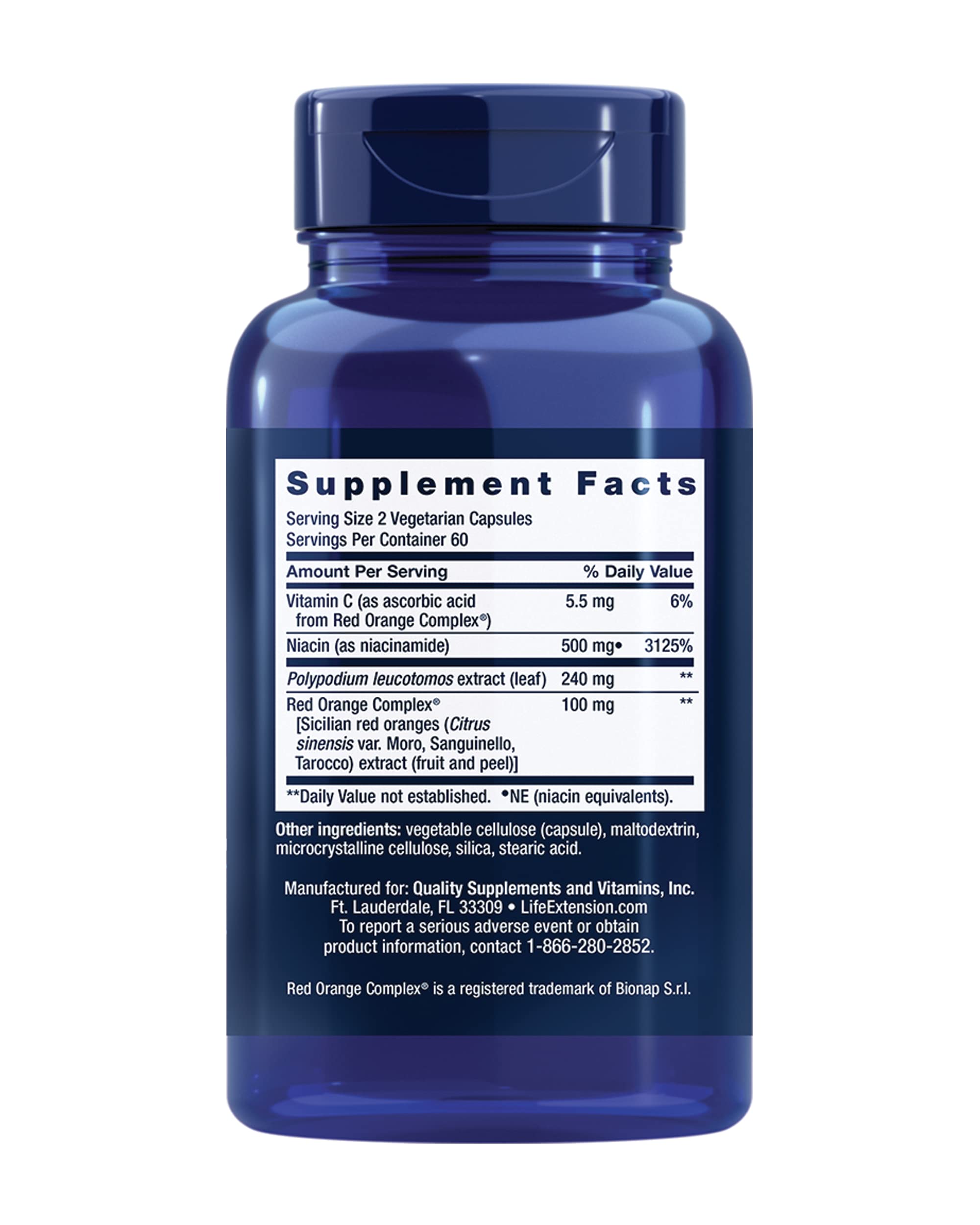 Life Extension Shade Factor capsules close-up highlighting vegetarian formula for skin health
