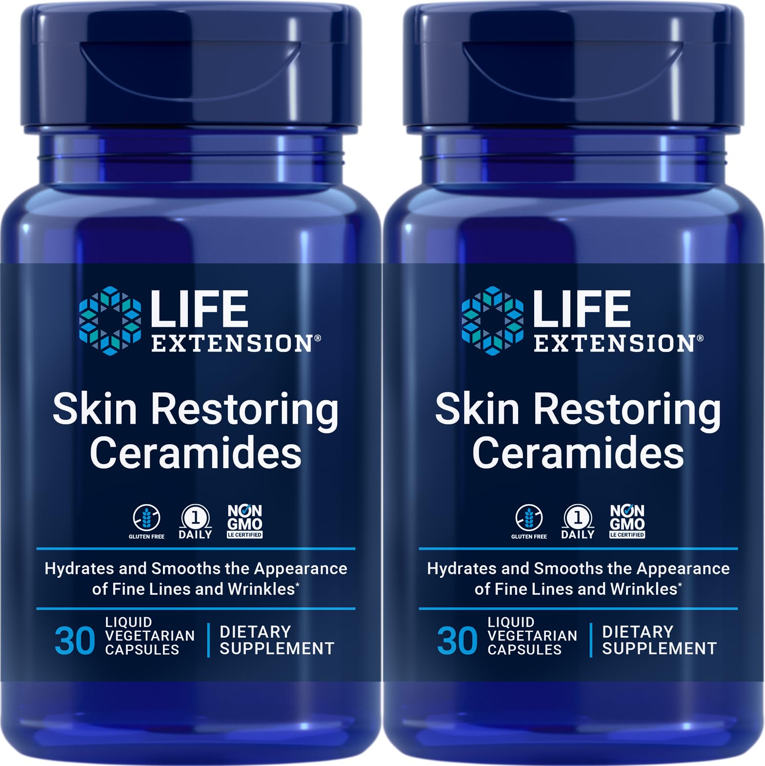 Life Extension Skin Restoring Ceramides bottle front showing two 30-cap bottles for daily hydration support