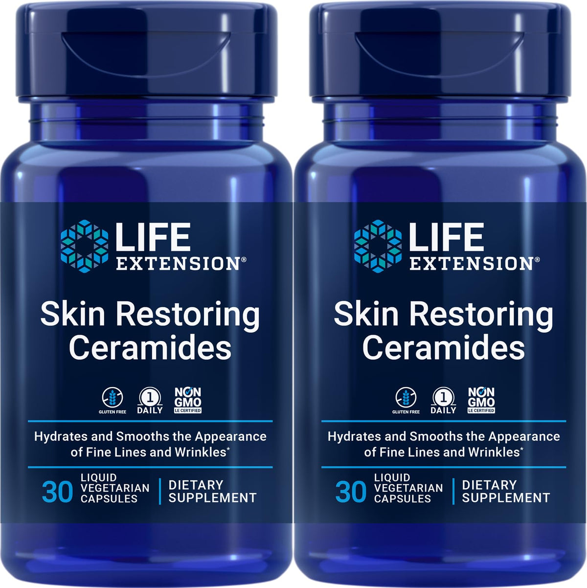 Life Extension Skin Restoring Ceramides bottle front showing two 30-cap bottles for daily hydration support