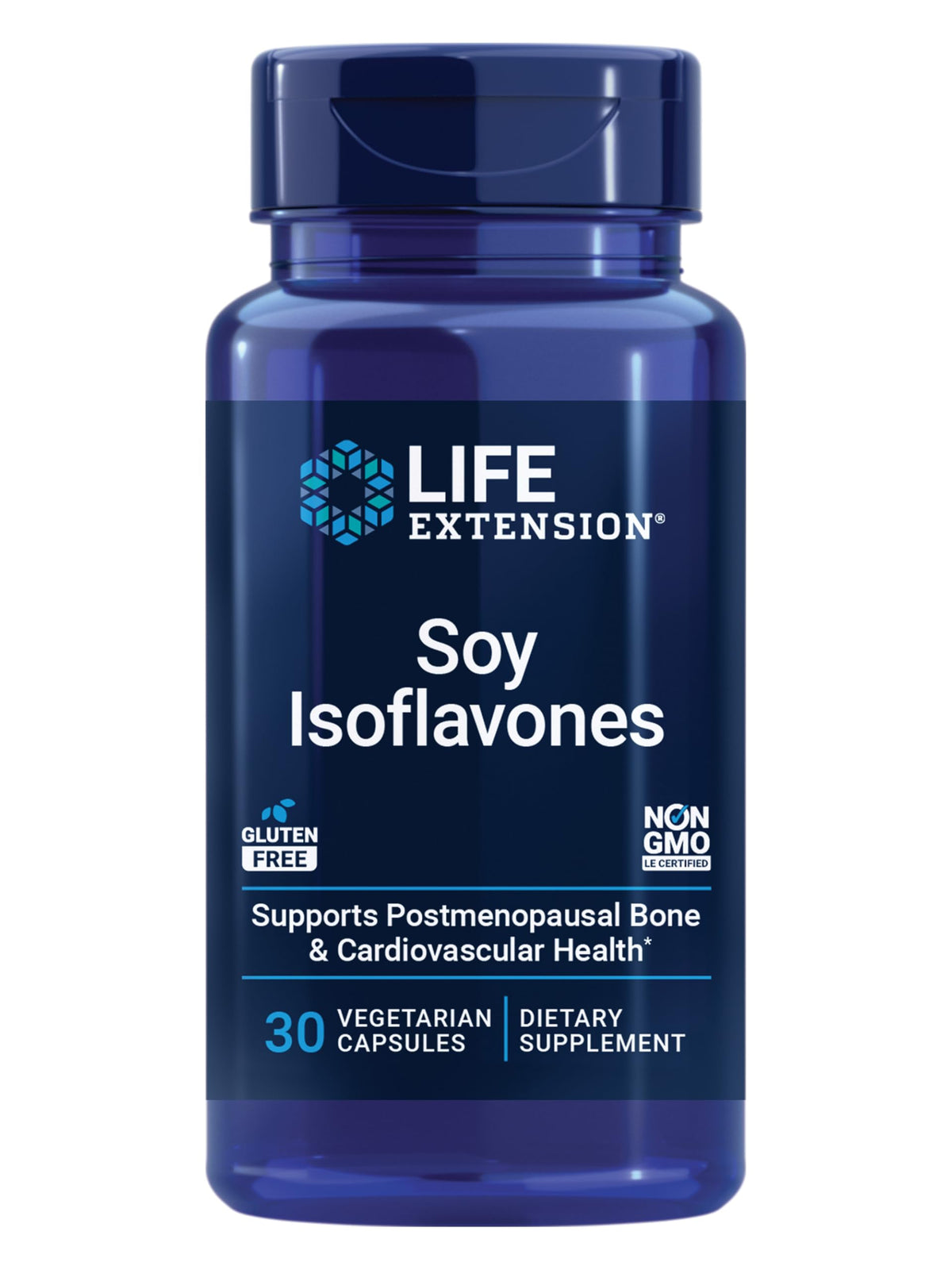 Life Extension Soy Isoflavones bottle front highlights 135 mg extract for bone and heart health support.