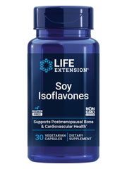 Life Extension Soy Isoflavones bottle front highlights 135 mg extract for bone and heart health support.
