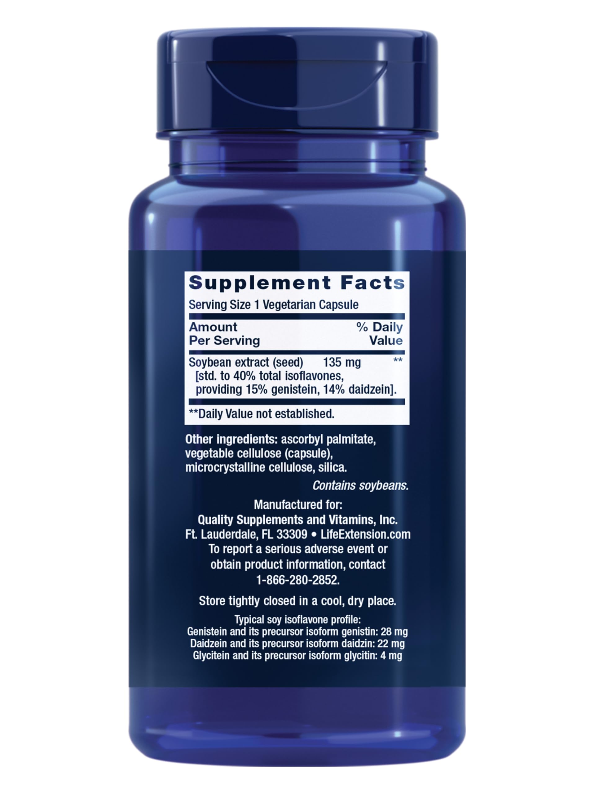 Life Extension Soy Isoflavones capsules closeup showing gluten-free and non-GMO formulation.