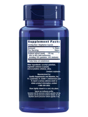 Life Extension Soy Isoflavones capsules closeup showing gluten-free and non-GMO formulation.