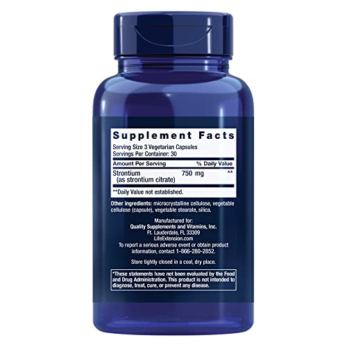 Life Extension Strontium Caps label close-up highlights 90 capsules for a month.