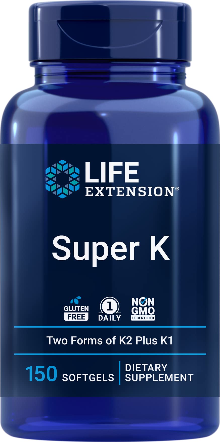 Life Extension Super K bottle front view with three vitamin K forms.