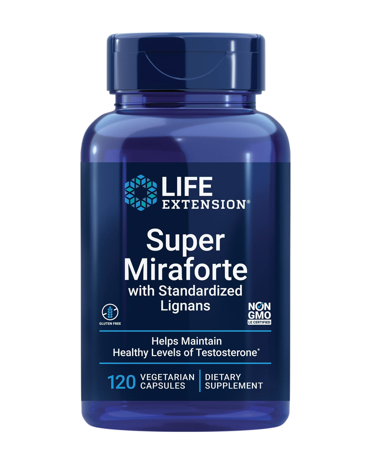 Life Extension Super Miraforte bottle front promotes balanced testosterone support with premium ingredients.
