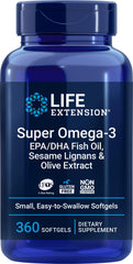 Life Extension Super Omega-3 360 softgels bottle highlights easy swallowing and premium fish oil.