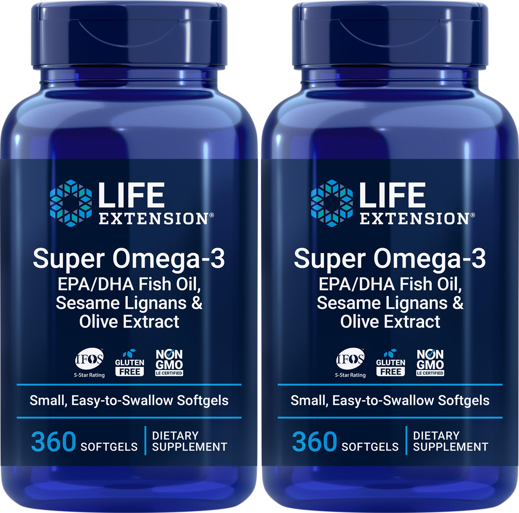 Life Extension Super Omega-3 softgels closeup; easy-to-swallow capsules.