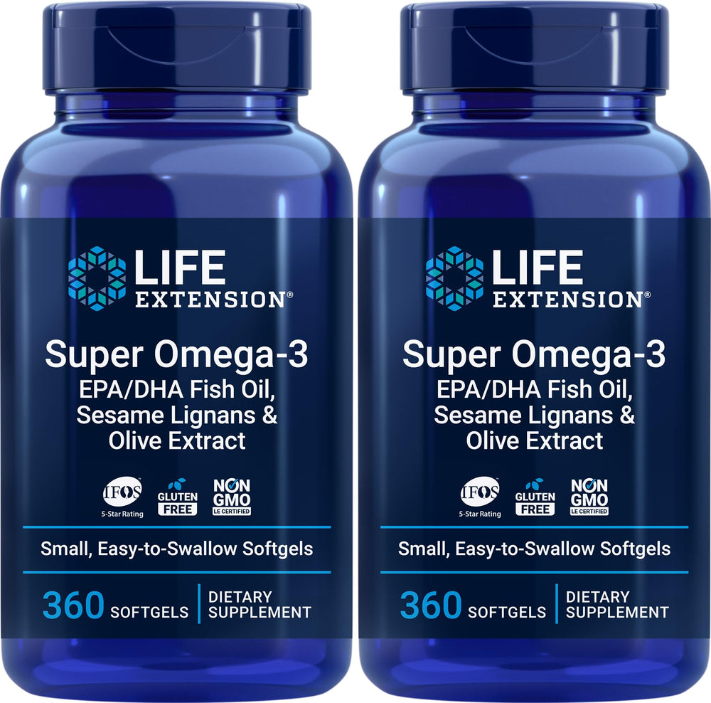 Life Extension Super Omega-3 softgels closeup; easy-to-swallow capsules.