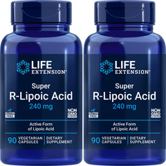 Life Extension Super R-Lipoic Acid 240 mg bottle on table for daily energy support.