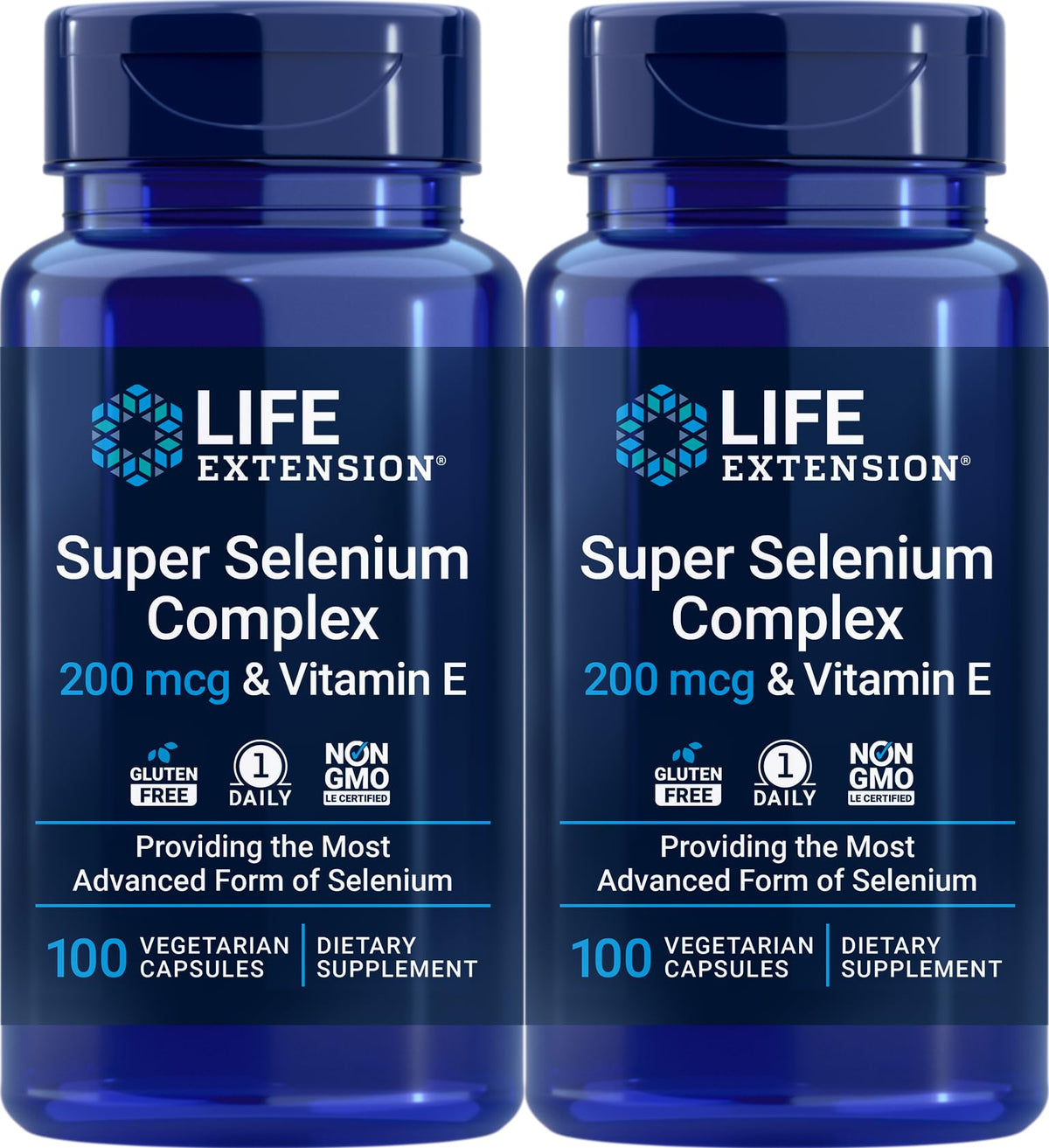 Life Extension Super Selenium Complex bottle with three selenium forms and vitamin E.