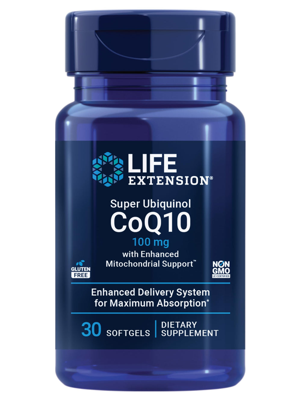Life Extension bottle of Super Ubiquinol CoQ10 showing enhanced absorption benefits.