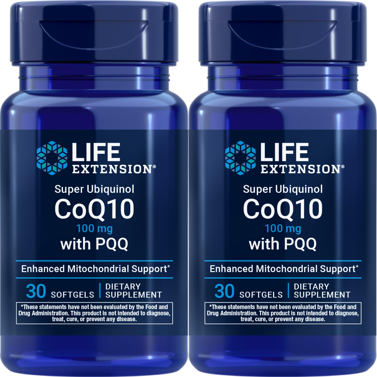 Life Extension Super Ubiquinol CoQ10 with PQQ two-bottle pack front view energy support potential