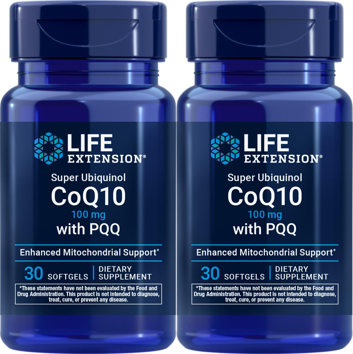 Life Extension Super Ubiquinol CoQ10 with PQQ two-bottle pack front view energy support potential