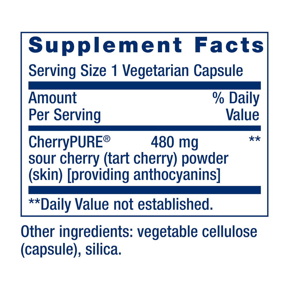 Life Extension Tart Cherry Capsules close-up highlighting vegetarian, non-GMO capsules