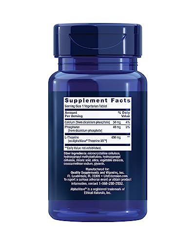 Close-up of Life Extension Theanine XR bottle shows label and purity cues.