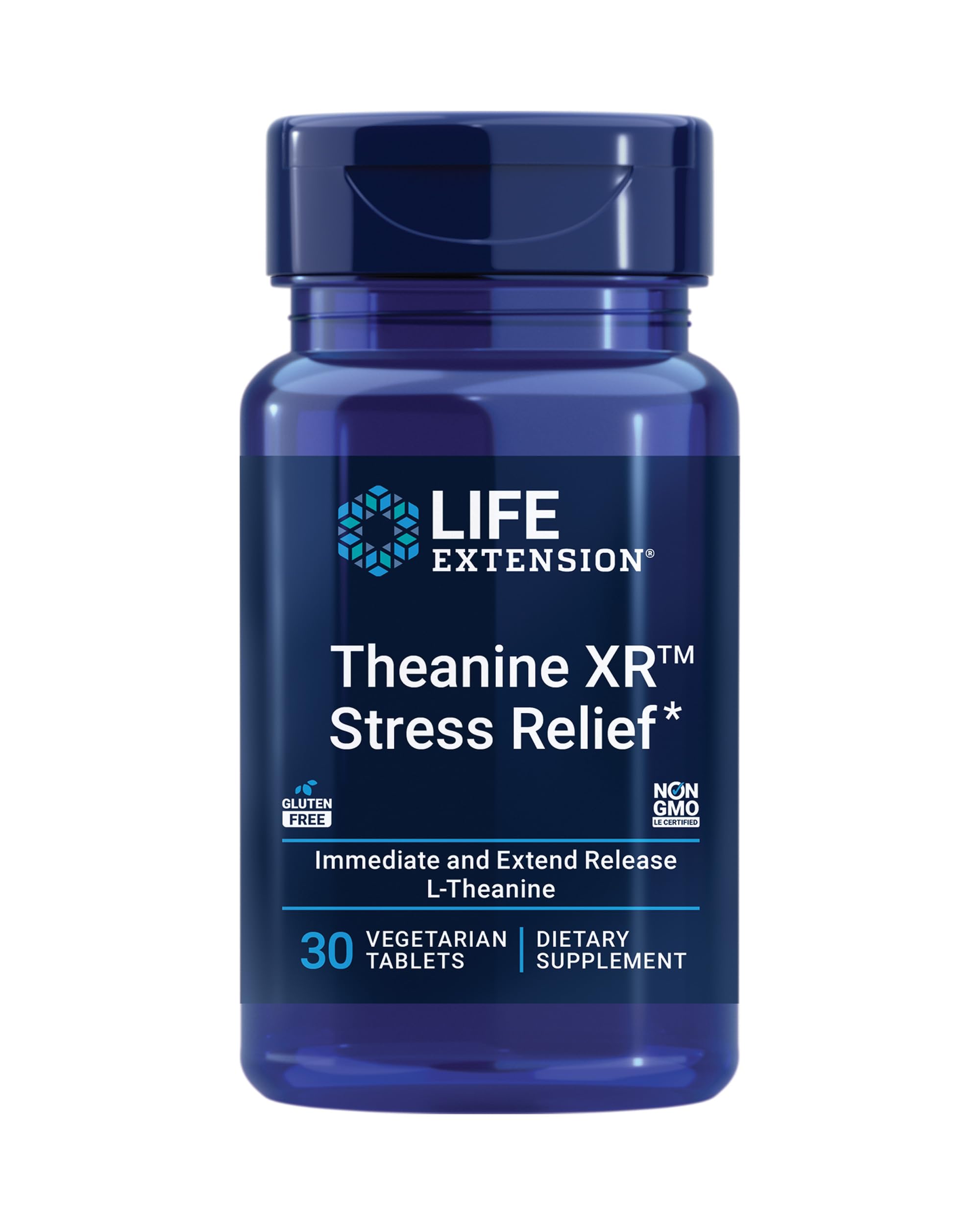 Life Extension Theanine XR tablets in a bottle promote a calm daytime response.