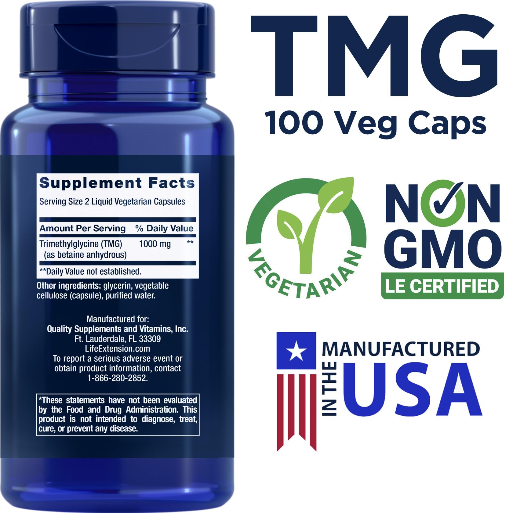 Life Extension TMG bottle pour showing 1000 mg per serving for daily use.