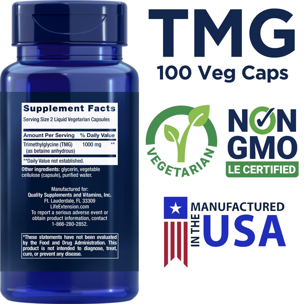 Life Extension TMG bottle pour showing 1000 mg per serving for daily use.