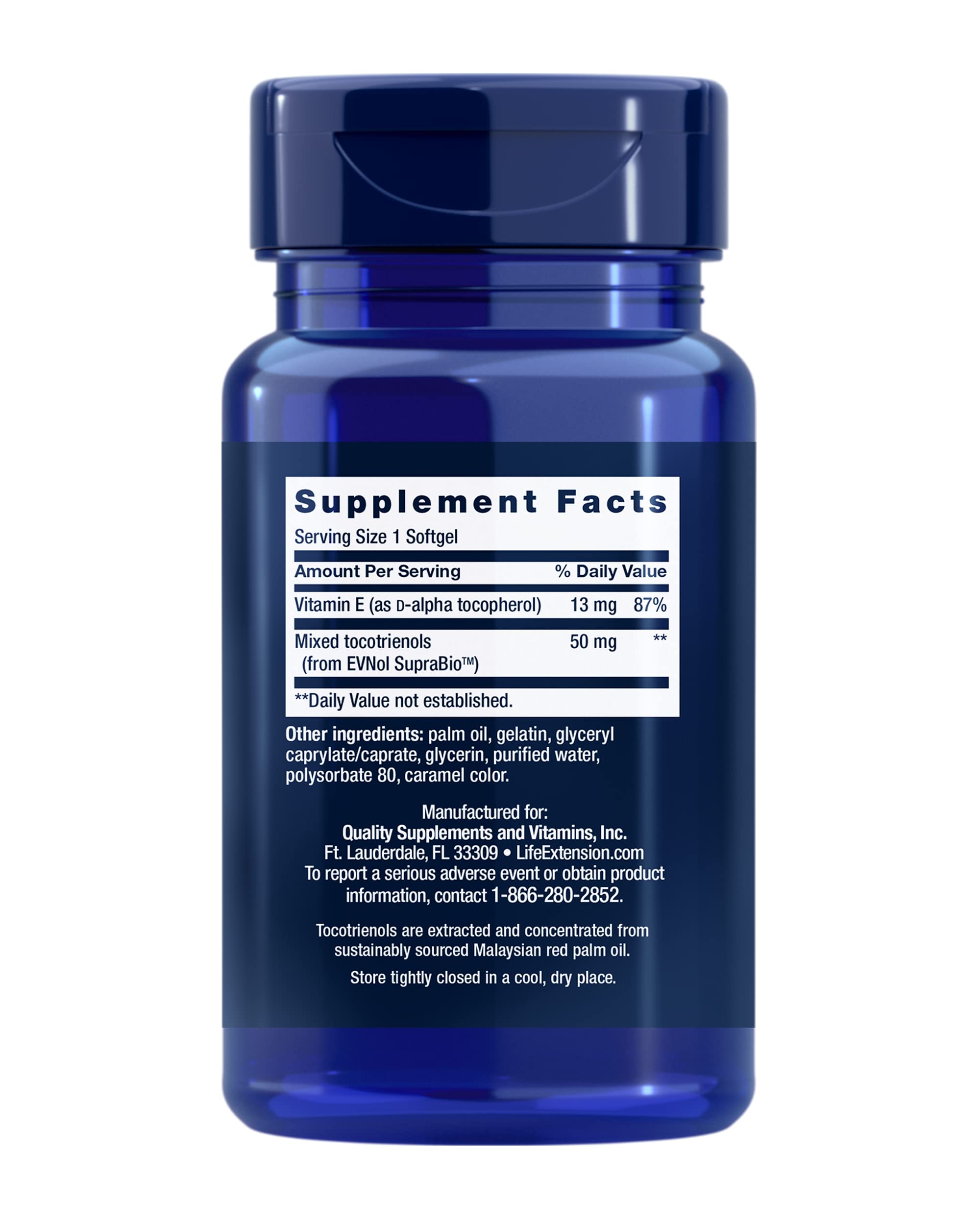 Close-up of Life Extension tocotrienols label on bottle highlighting quality ingredients.