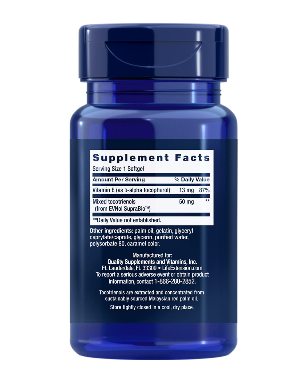 Close-up of Life Extension tocotrienols label on bottle highlighting quality ingredients.