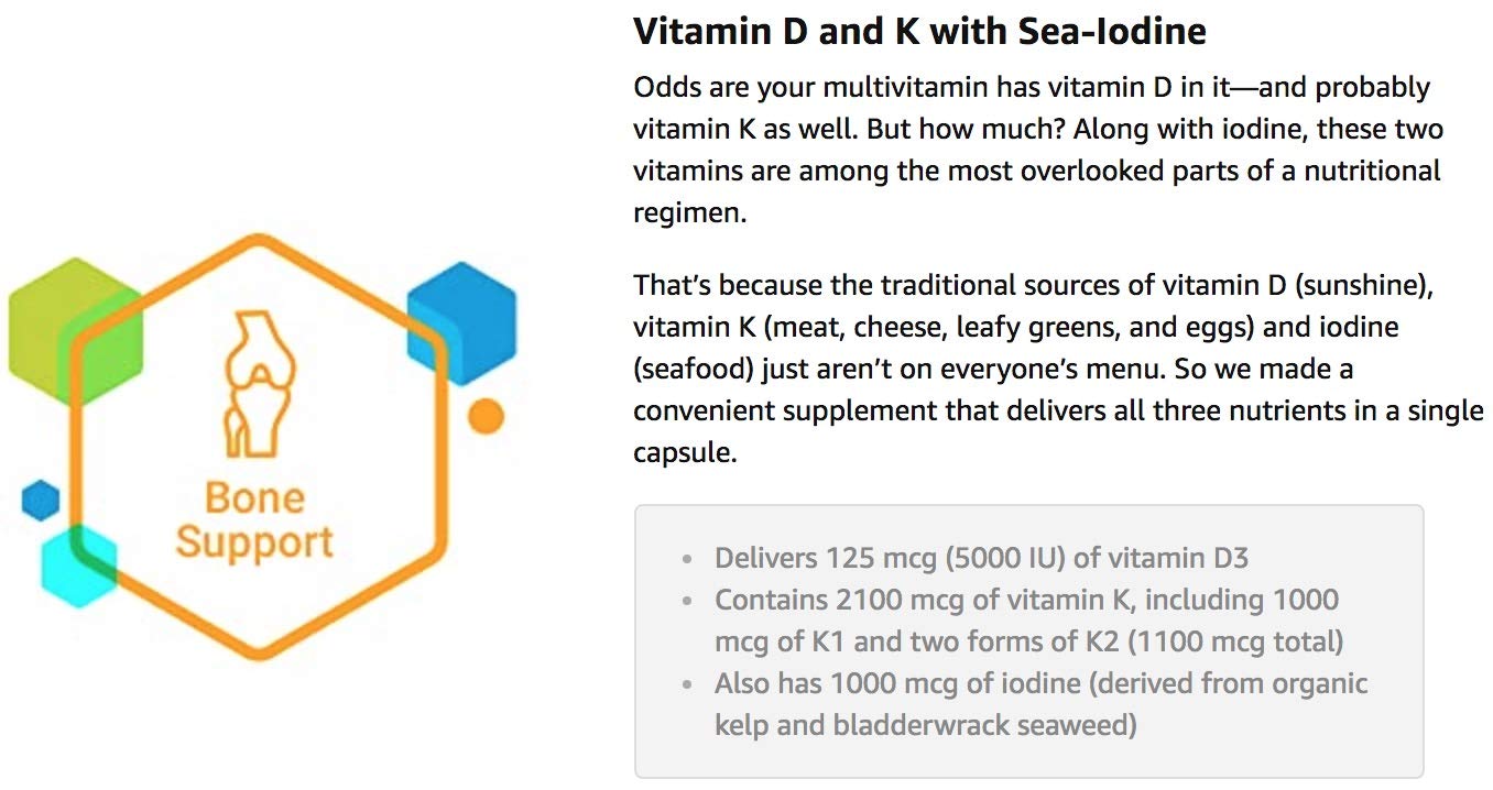 Life Extension Vitamin D and K with Sea-Iodine capsules on a counter
