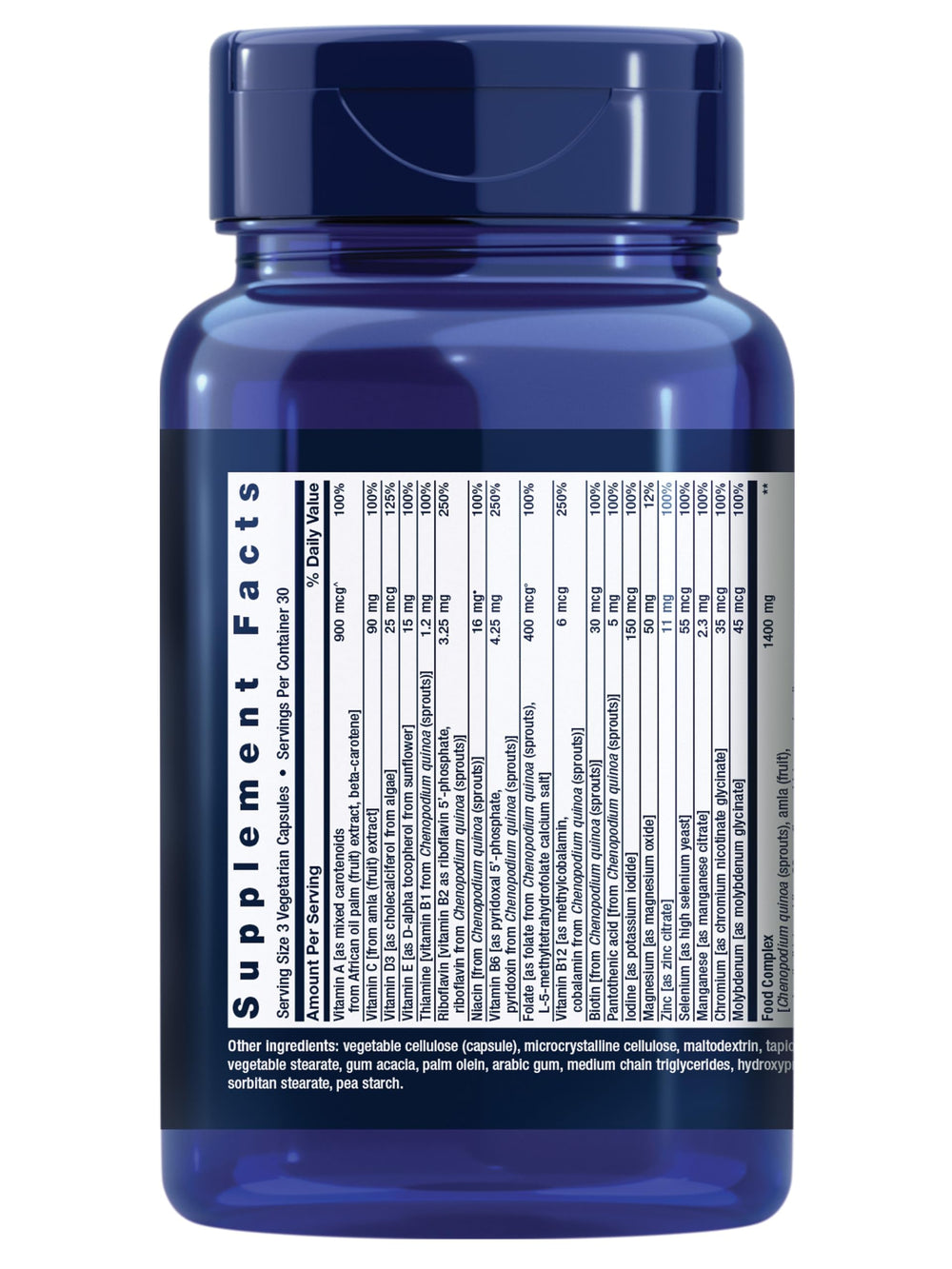 Life Extension Whole Food Multivitamin bottle back, labels highlight non-GMO and USA manufacturing.