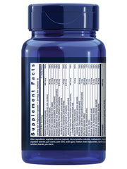 Life Extension Whole Food Multivitamin bottle back, labels highlight non-GMO and USA manufacturing.