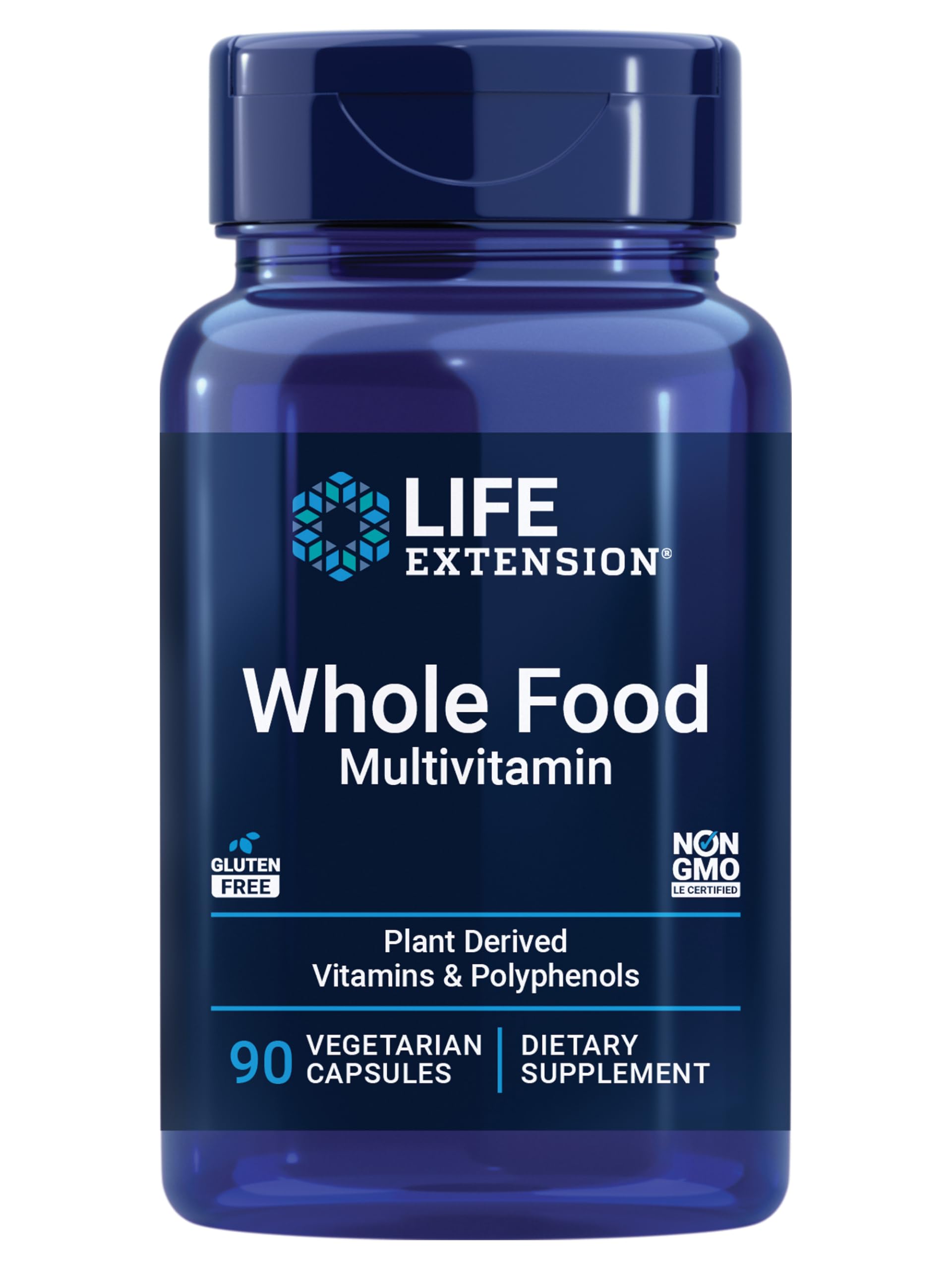 Life Extension Whole Food Multivitamin bottle front, gluten-free and plant-based daily support.