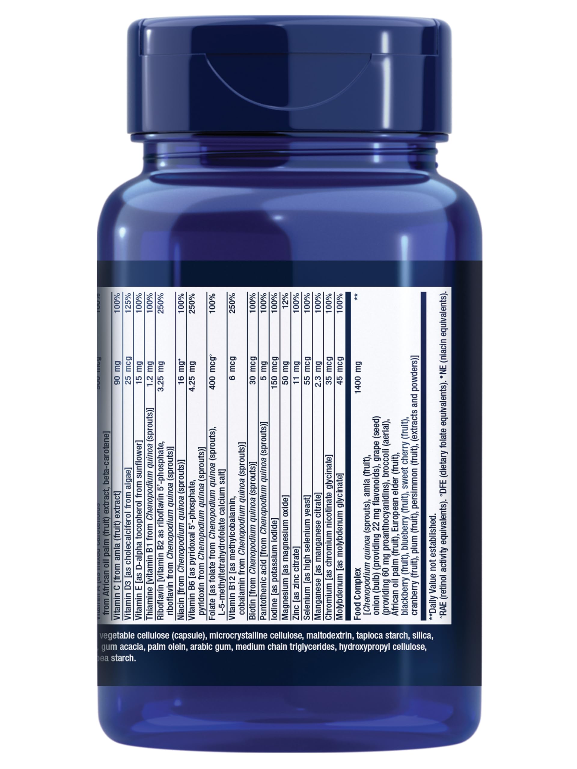 Life Extension Whole Food Multivitamin ingredients image, plant-derived vitamins and minerals in harmony.