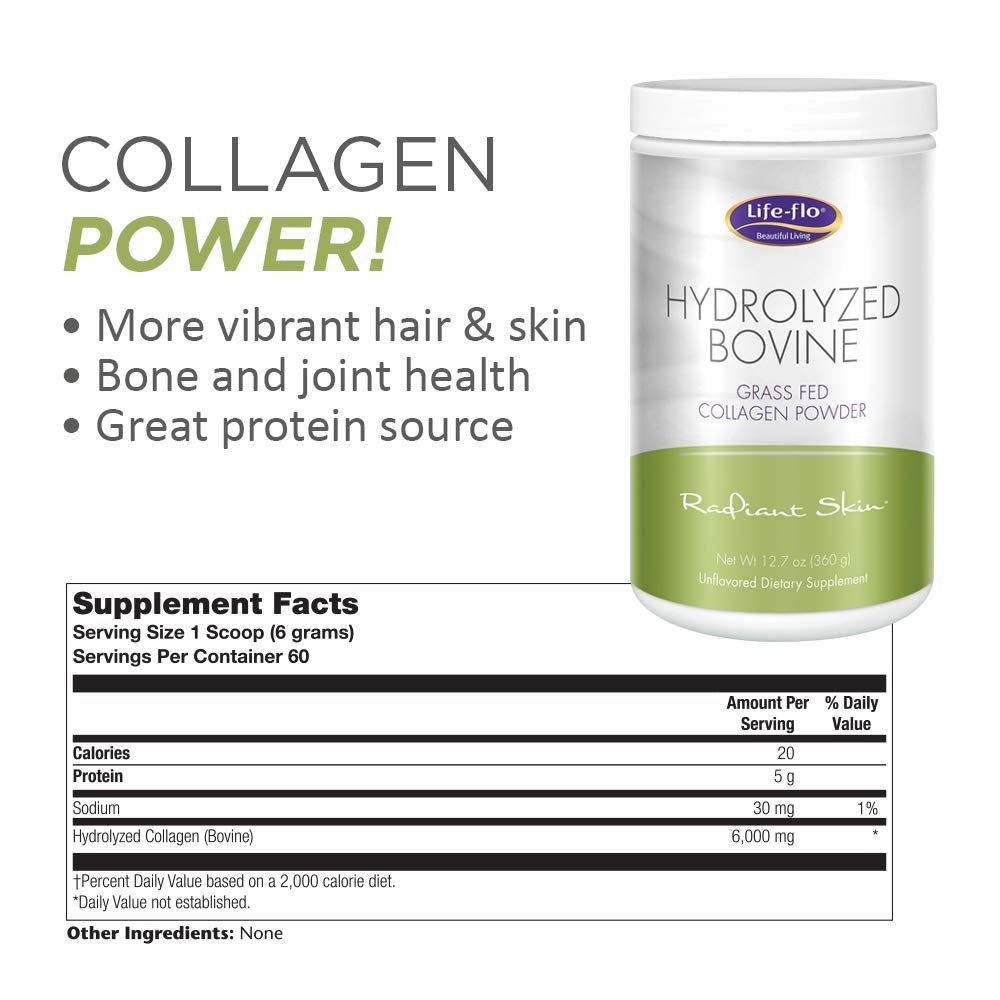 Life-Flo collagen powder tub shows simple unflavored mixing for hot or cold drinks