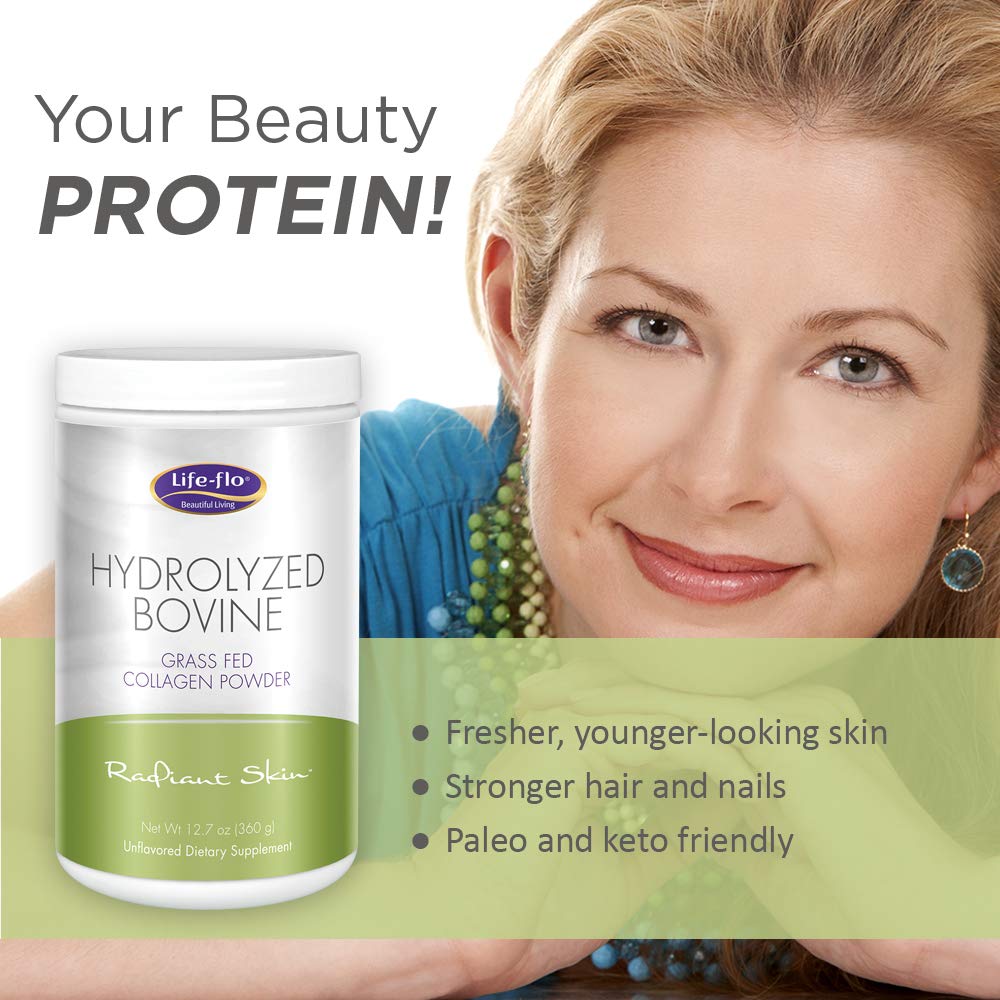 Life-Flo grass-fed collagen tub alongside scoop emphasizes measurable serving size