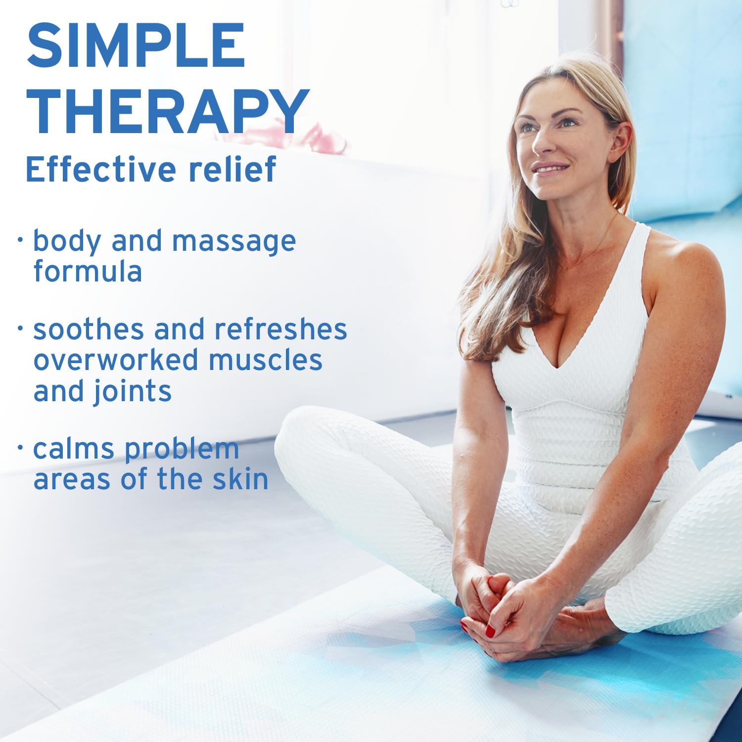 Life-Flo Magnesium Gel being massaged onto legs for tired-muscle comfort.