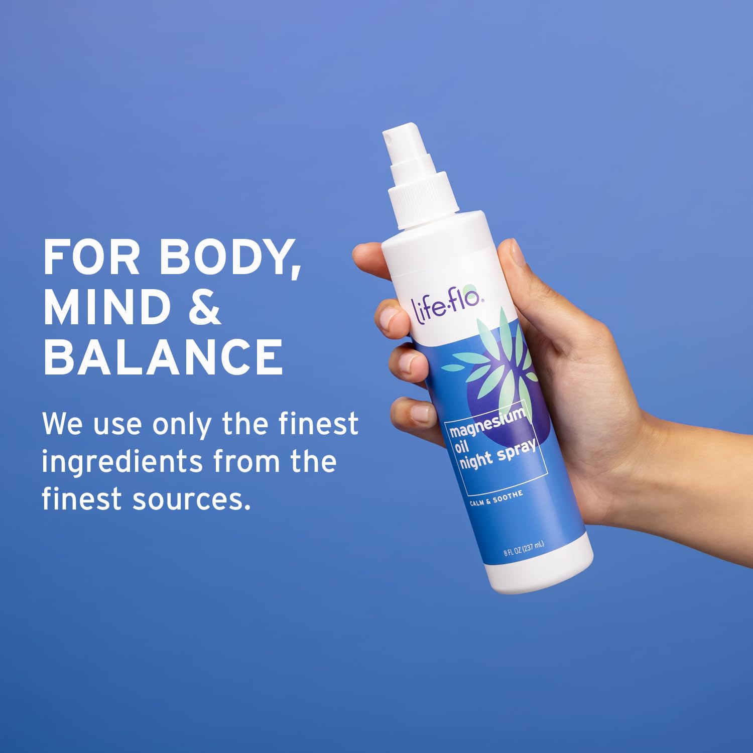 Cruelty-free Life-flo magnesium oil night spray packaging.