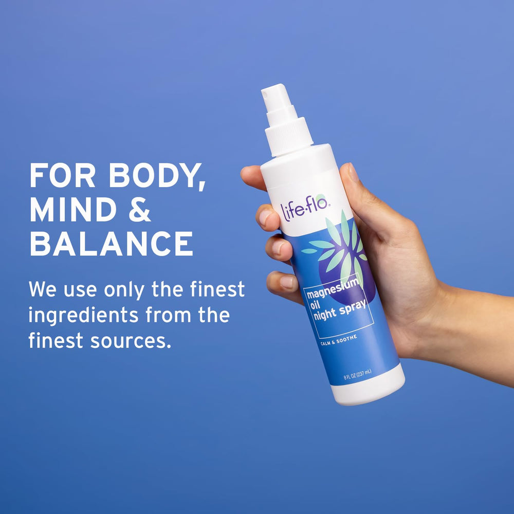 Cruelty-free Life-flo magnesium oil night spray packaging.