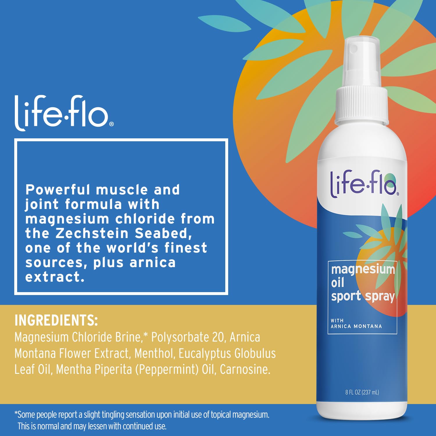 LIFE-FLO Magnesium Oil Sport Spray application on hand for tired muscles after activity