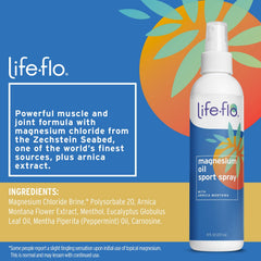 LIFE-FLO Magnesium Oil Sport Spray application on hand for tired muscles after activity