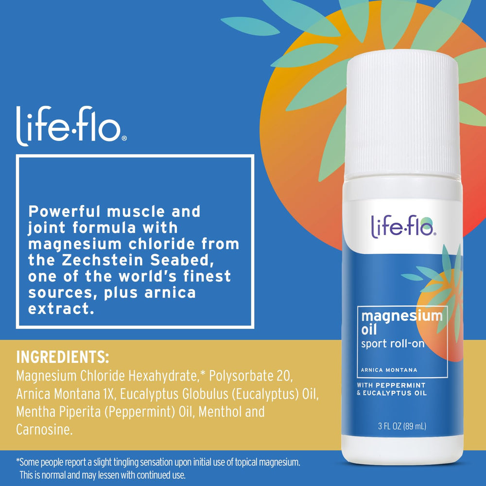 Life-Flo magnesium oil spray on skin after workouts for quick relief.